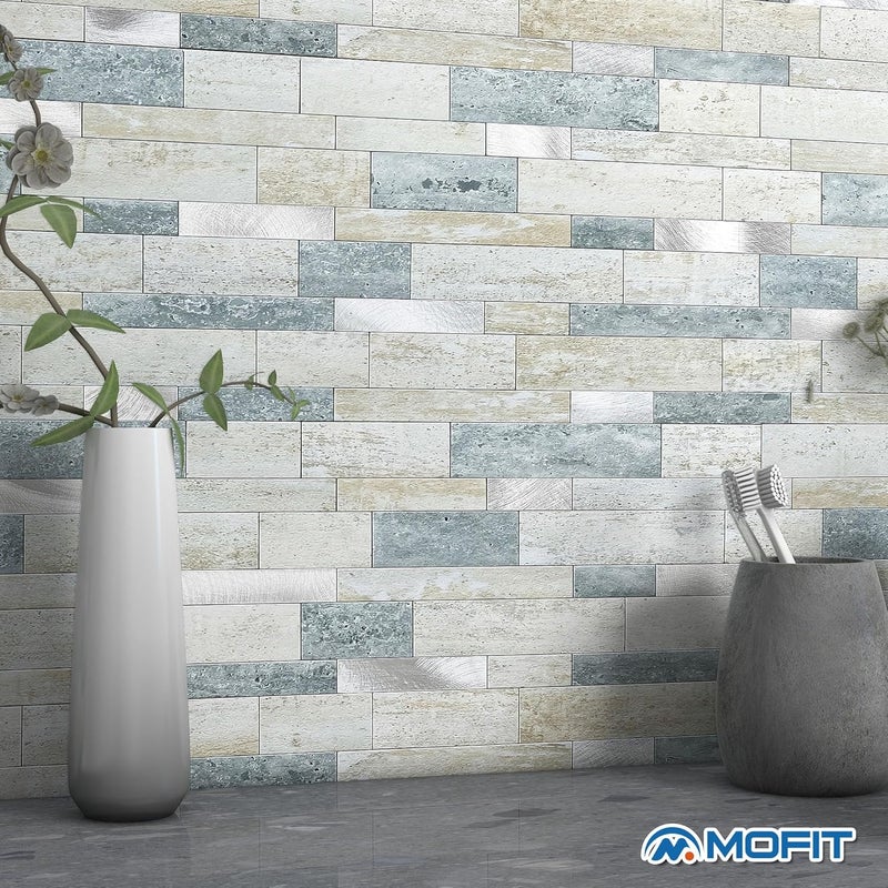M MOFIT MOFIT Backsplash Tile for Kitchen Peel and Stick Stone Matte Finish,Bathroom Tiles Stickers 3D Wall Panel Linear Mosaic Marble Backsplash Waterproof(5sheets,Blue Green Gray) - Image 3